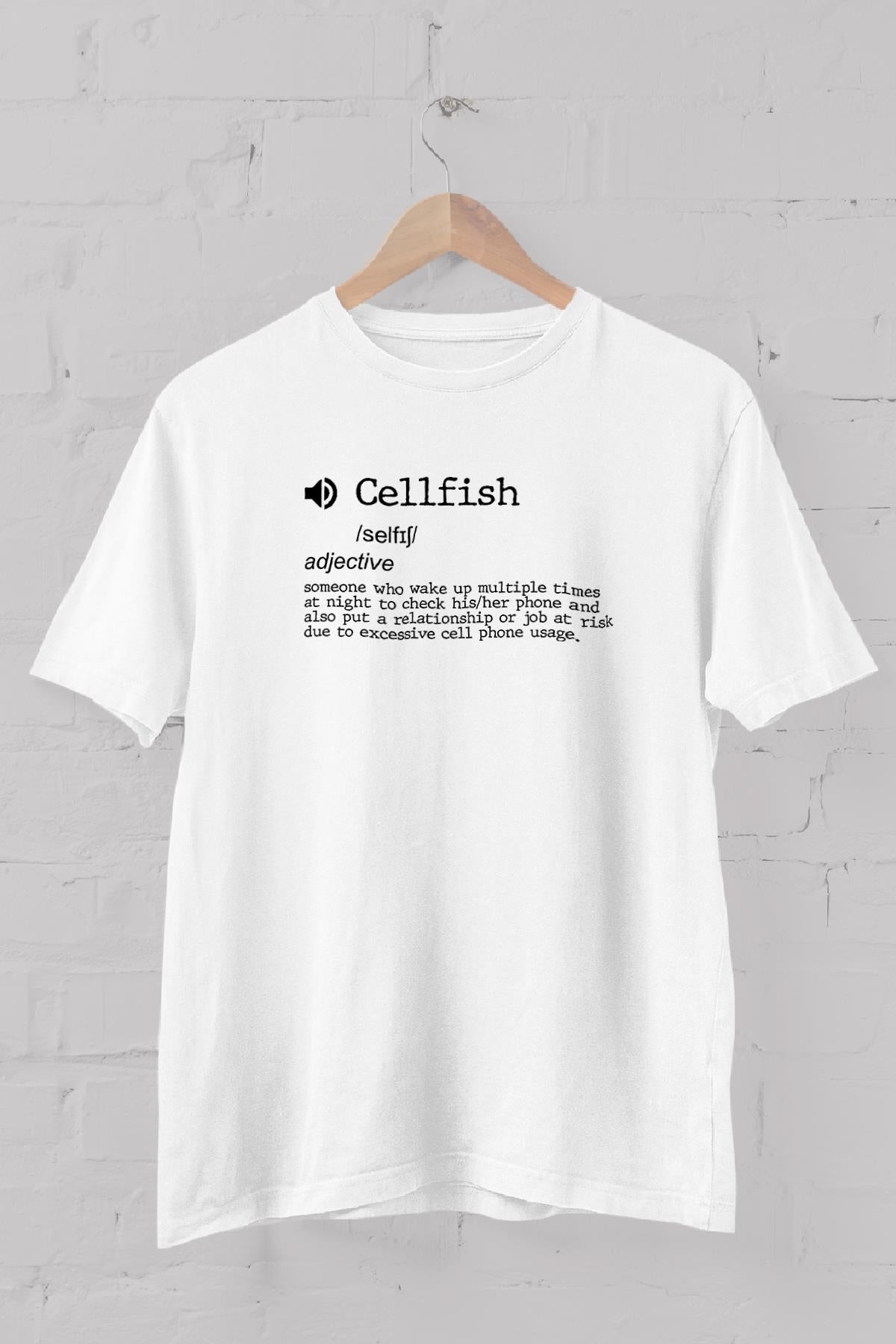 Uydurma Kelimeler Sözlüğü "Cellfish" Baskılı Bisiklet Yaka Erkek Tişört