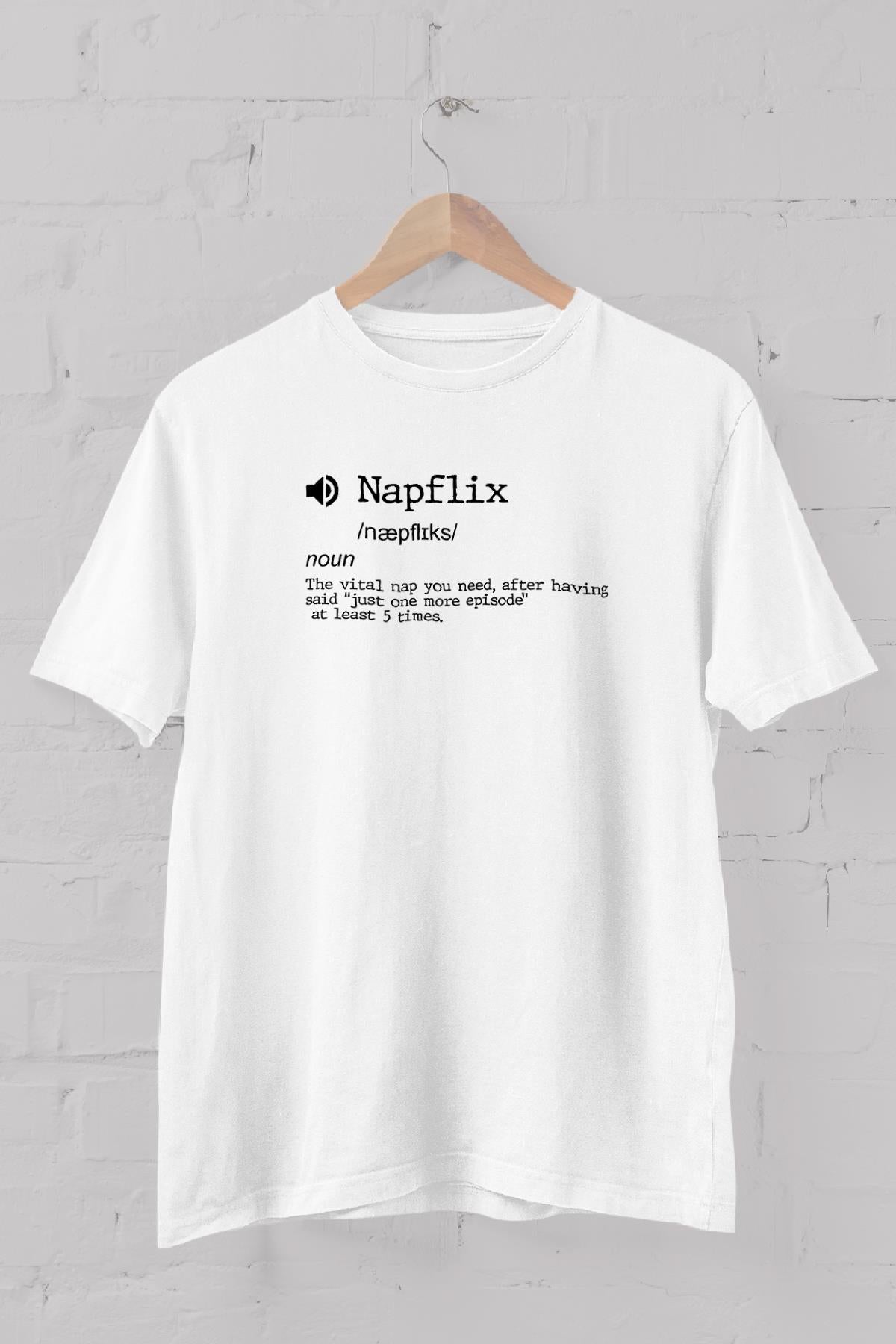 Uydurma Kelimeler Sözlüğü "Napflix" Baskılı Bisiklet Yaka Erkek Tişört
