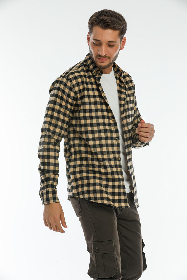 Yaka Düğmeli Kareli Flanel Oduncu Cepsiz Ekose Erkek Gömlek Blah.