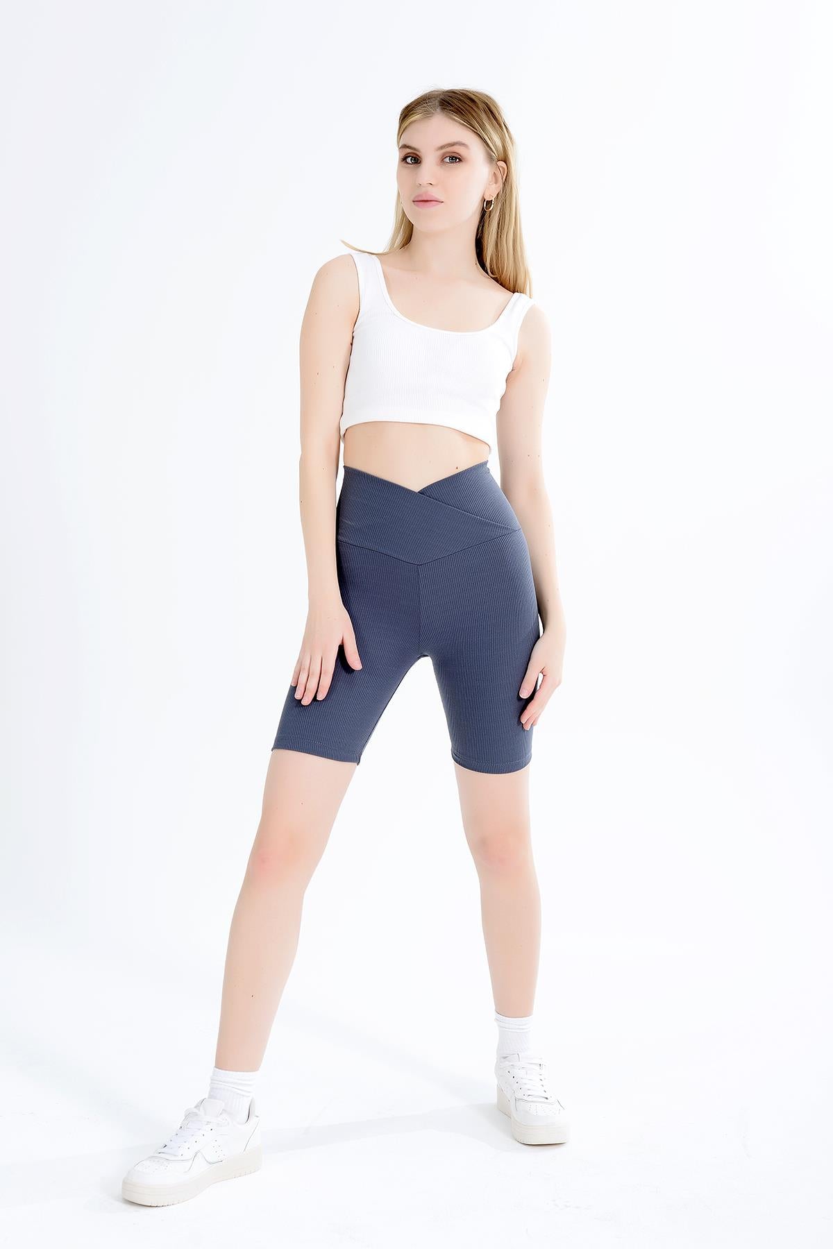 High waist cross belt wick sport daily knitting short biker shorts women's leggings